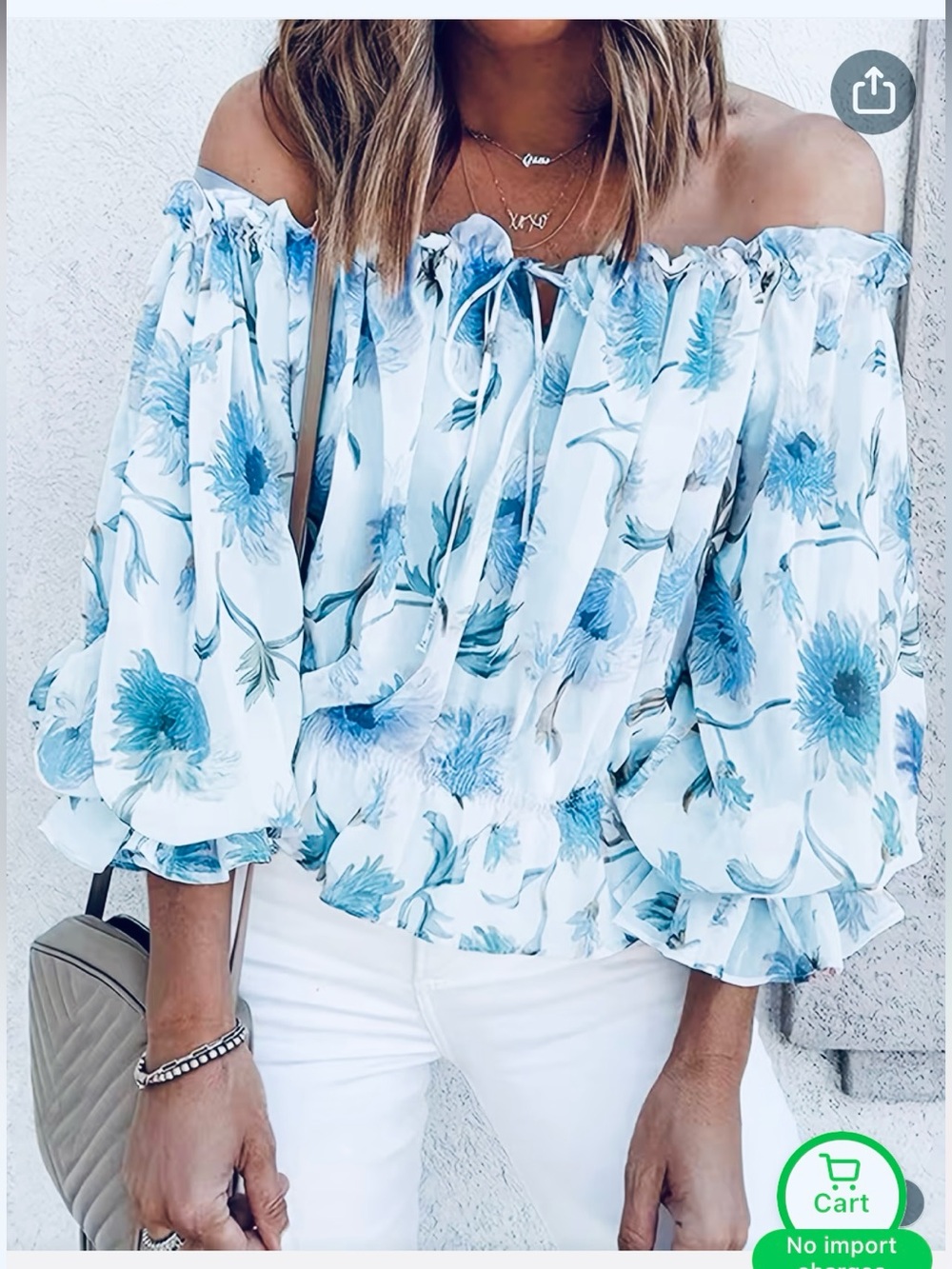 Off-Shoulder Blue Floral Peasant Blouse